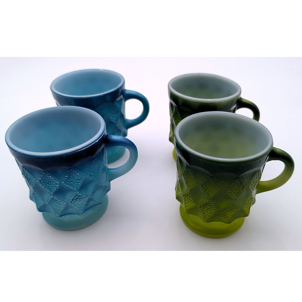 Vintage Fire King Kimberly Mugs Set of 4 Blue Green Diamond Milk Glass Anchor H